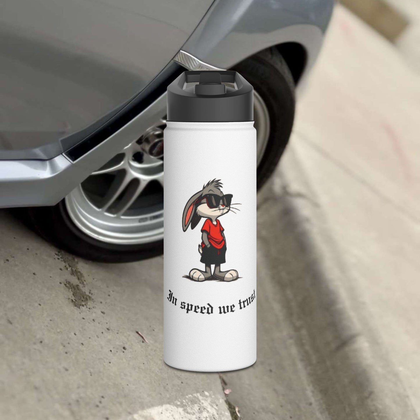 "In Speed We Trust" Stainless Steel Water Bottle